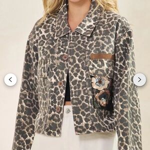 Stunning Leopard Print Jean Jacket with Sequin embroidered mesh back